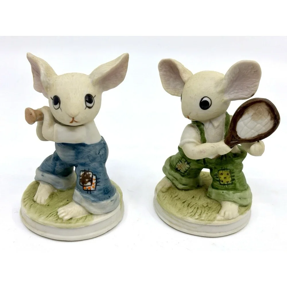 Vtg Mice Porcelain Lot Of 2 Playing Golf & Baseball Taiwan Mouse Collection